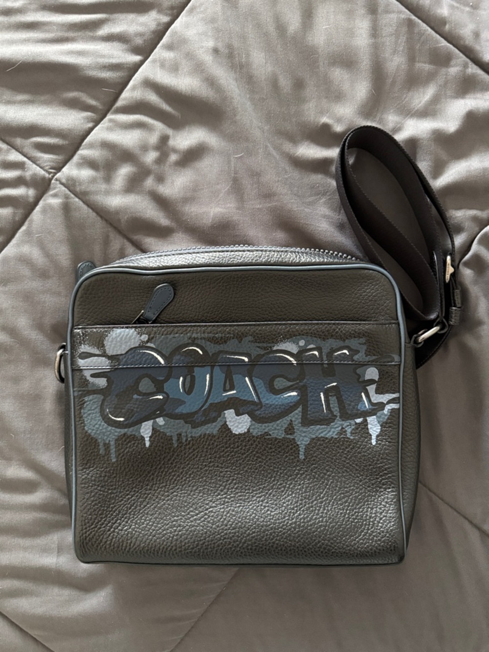 Coach Men's Black Leather Graffiti Crossbody Messenger Bag with Blue Accents